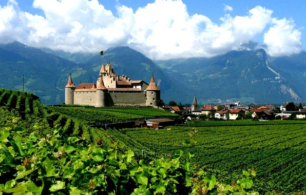 The sky, clouds, mountains, castle, Switzerland
