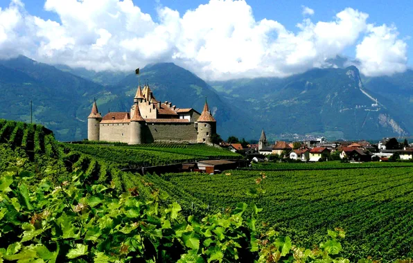 Picture the sky, clouds, mountains, castle, Switzerland