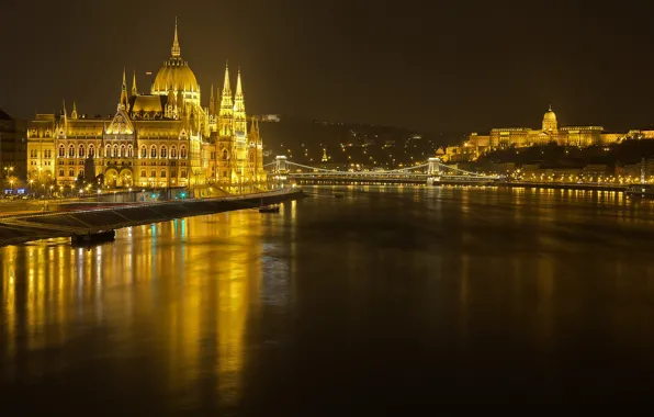 Night, lights, river, Parliament, Hungary, Budapest, The Danube, Chain bridge