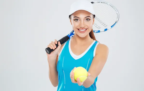Picture girl, smile, background, Mike, racket, cap, the ball, athlete