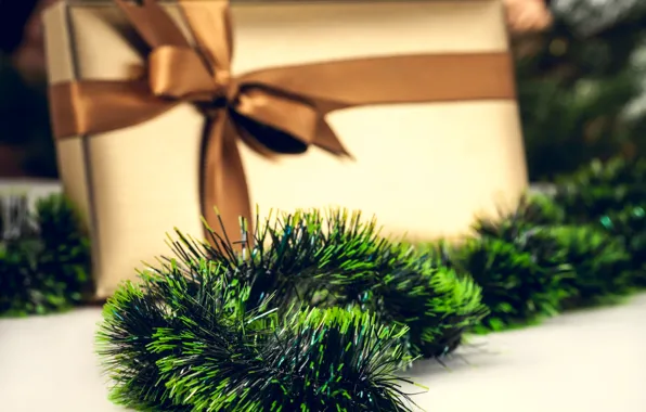 The rain, green, box, gift, New Year, Christmas, the scenery, tinsel