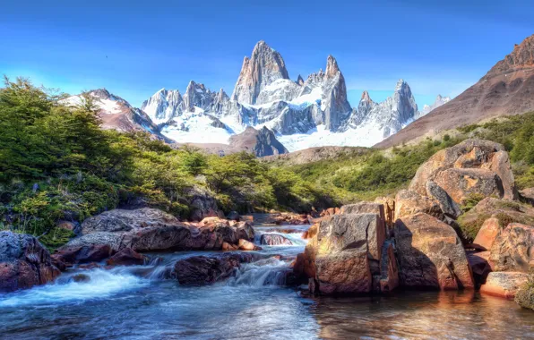 The sky, snow, mountains, stones, South America, Patagonia, Patagonia, mountain river