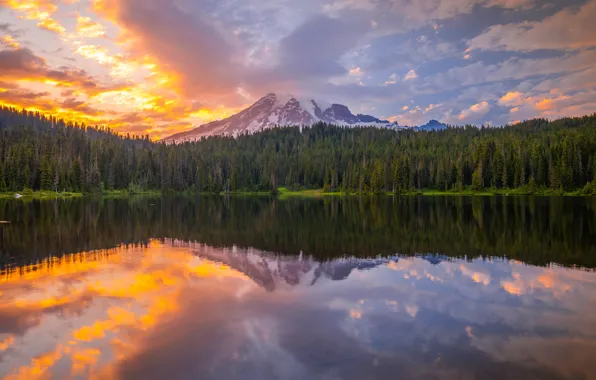 Forest, sunset, mountains, lake, reflection, pond