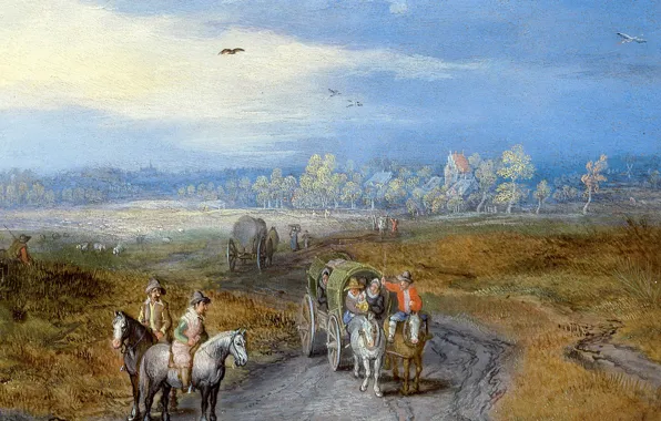 Picture road, picture, wagon, riders, A landscape with Travelers, Jan Brueghel the elder