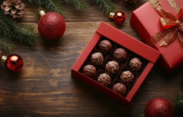 Balls, box, Board, Christmas, candy, red, New year, needles