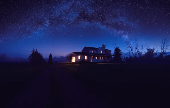 Picture road, the sky, stars, light, trees, nature, house, darkness