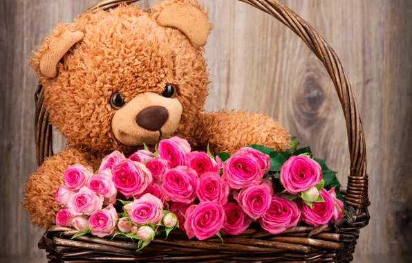 Picture basket, roses, bouquet, bear, bear, pink, flowers, romantic