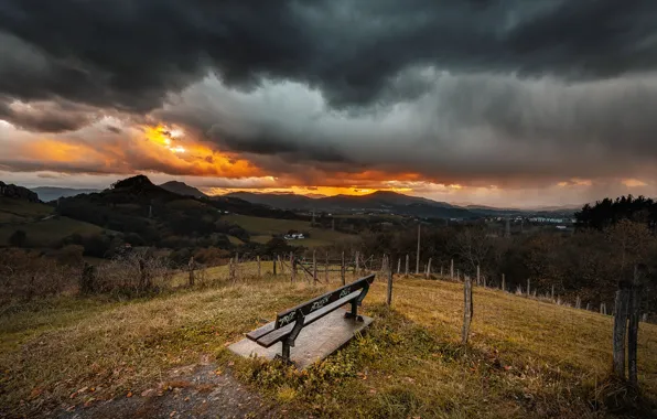 Autumn, sunset, bench