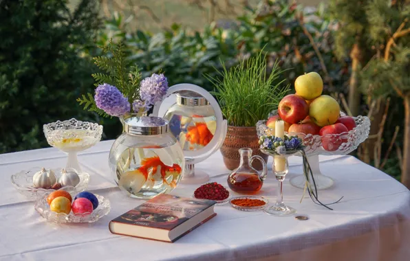Flowers, table, apples, aquarium, goldfish, book, composition