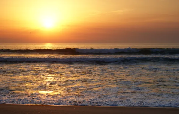 Sand, sea, wave, beach, summer, the sky, the sun, sunset