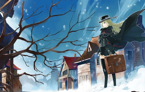 Winter, girl, snow, tree, home, hat, anime, art