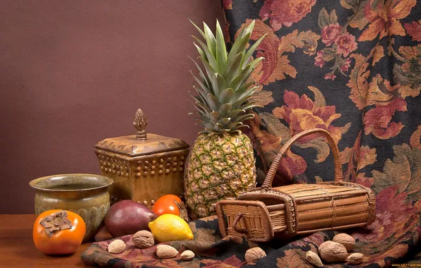 Picture lemon, fabric, pineapple, nuts, still life, persimmon