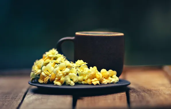 Flowers, the dark background, tea, Board, coffee, yellow, mug, Cup