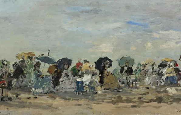 Picture umbrella, people, stay, picture, Eugene Boudin, On the beach in Trouville