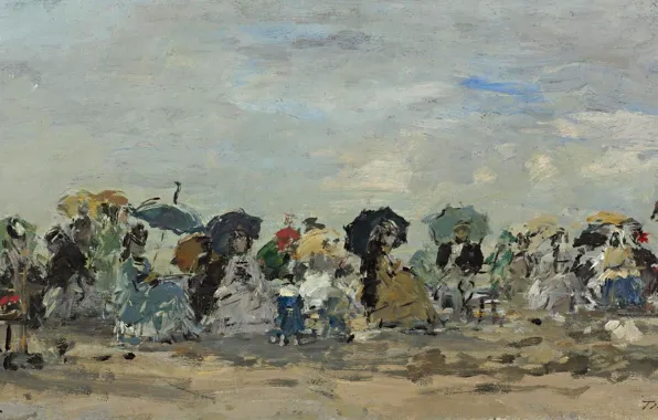 Picture umbrella, stay, people, picture, Eugene Boudin, On the beach in Trouville