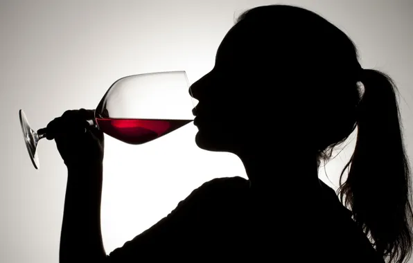 Glass, woman, silhouette, red wine