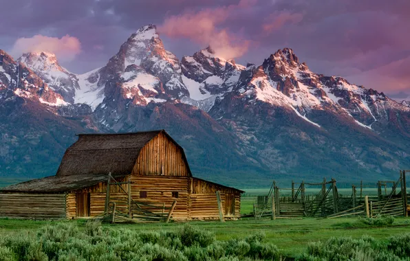 Field, snow, mountains, the slopes, tops, house, fence