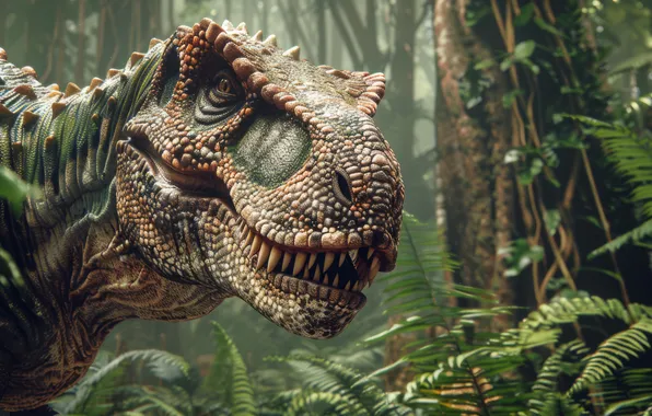 Teeth, Face, Predator, Dinosaur, Jungle, Animal, Digital art, Tyrannosaurus
