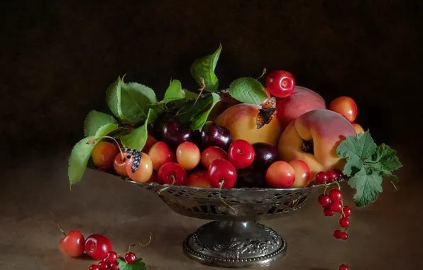 Cherry, table, still life, peaches, cherry, vase