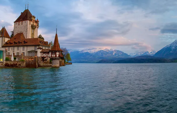 Mountains, lake, castle, Switzerland, Alps, Switzerland, Alps, Lake Thun