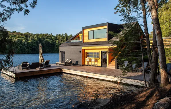 Wallpaper Boathouse, a house on the water, exterior, architecture, terrace, featured, Lake Joseph, lake