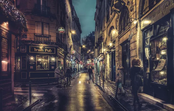Picture Paris, night, France, street, people, lamps, cityscape, walking
