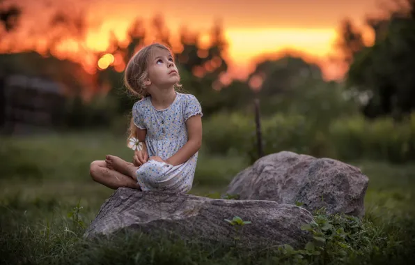 Picture flower, summer, look, sunset, nature, stones, barefoot, dress