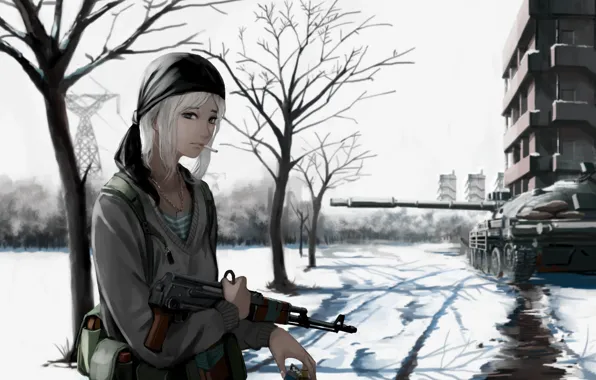 Picture girl, gun, weapon, war, anime, snow, blonde, rifle
