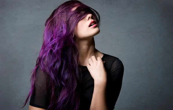 Girl, piercing, curls, purple hair