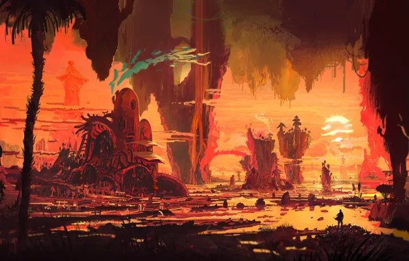 Sunset, Figure, Village, The world, Fantasy, Art, Art, Sunset
