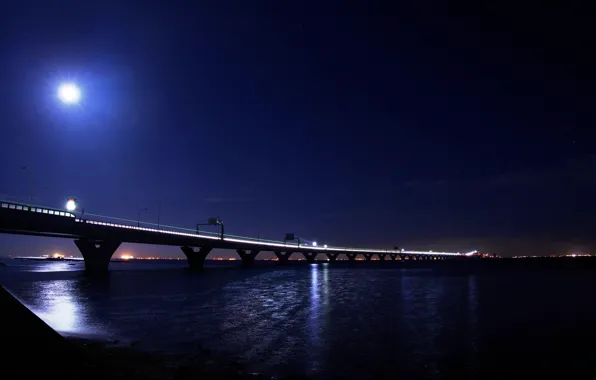 Light, night, bridge, the city, lights, the moon, light, moon