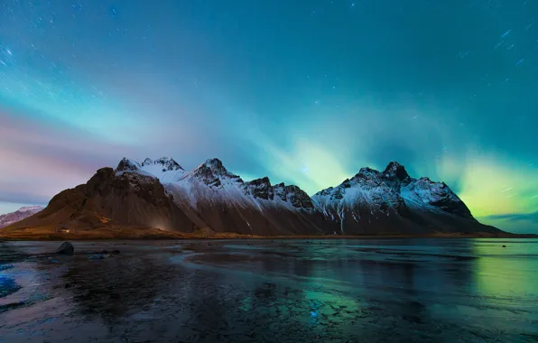 Picture beach, the sky, stars, mountains, night, shore, ice, Northern lights