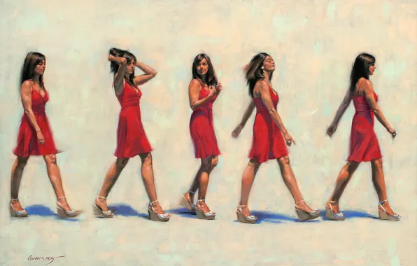 Girl, red, picture, dress, brunette, art, gait, Gavin Glakas
