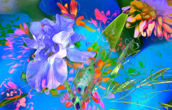 Line, flowers, rendering, paint, petals