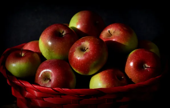 Red, darkness, the dark background, apples, food, red, fruit, twilight