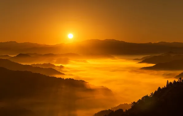 Picture the sun, sunset, mountains, fog, Japan, Nara