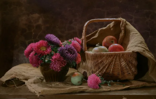 Picture flowers, basket, apples, fabric, fruit, still life, burlap, asters