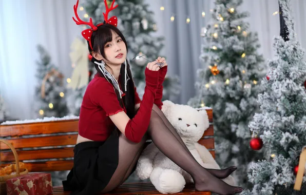 Asian, Gloves, New year, Brunette, Feet, Skirt, Tights, Blouse