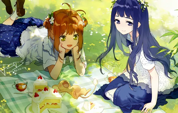 Girls, picnic, Card Captor Sakura, animal, Sakura - collector cards