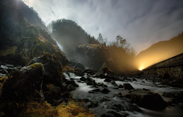 Road, forest, night, nature, river, stones, moonlight, threads