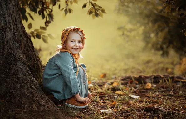 Picture joy, nature, tree, laughter, dress, girl, trunk, child