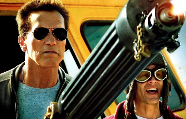 Picture weapons, police, glasses, machine gun, bus, Arnold Schwarzenegger, Johnny Knoxville, Johnny Knoxville