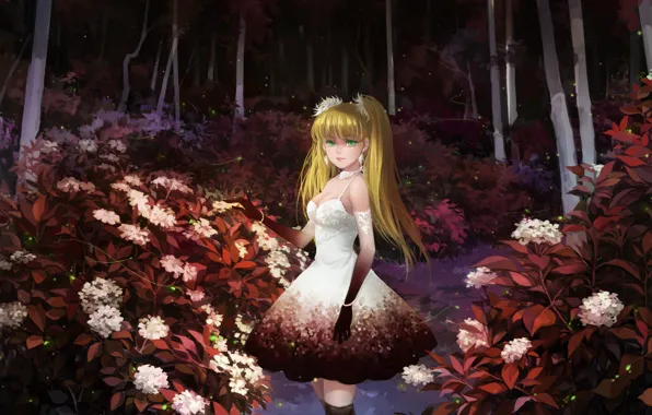 Picture forest, girl, flowers, night, dark, dress, art, the bushes