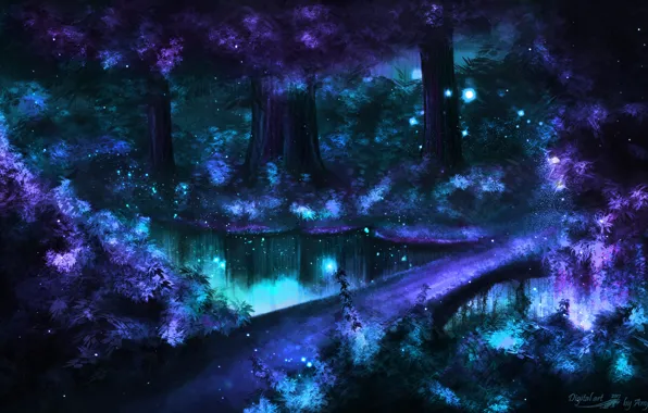 Road, forest, trees, nature, lake, glare, fireflies, fiction