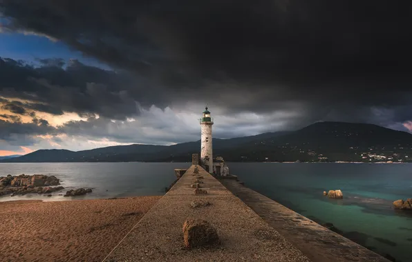 The sky, clouds, hills, lighthouse, Bay, twilight, village