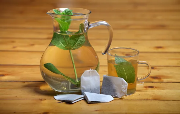 Glass, table, tea, drink, pitcher, leaves