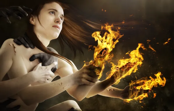 Burnout, girl, fire, flame, hands