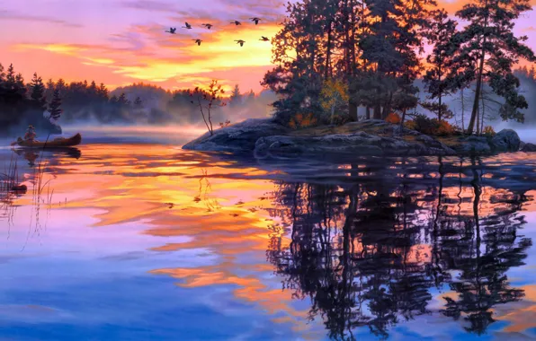 Forest, fog, lake, river, dawn, boat, island, duck