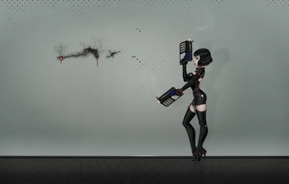 Chest, girl, traces, wall, guns, smoke, dress, latex