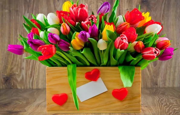 Picture bouquet, colorful, tulips, love, fresh, wood, flowers, romantic